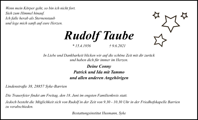  Traueranzeige für Rudolf Taube vom 15.06.2021 aus SYK