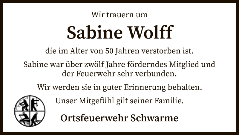  Traueranzeige für Sabine Wolff vom 05.06.2021 aus SYK