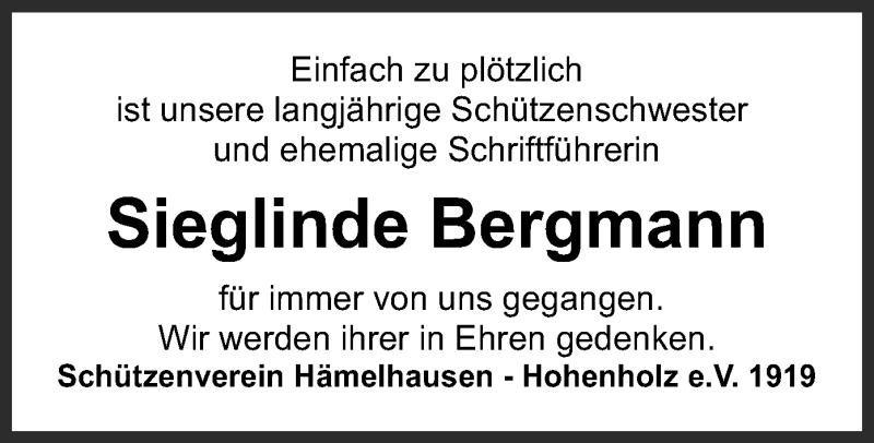  Traueranzeige für Sieglinde Bergmann vom 15.06.2021 aus SYK