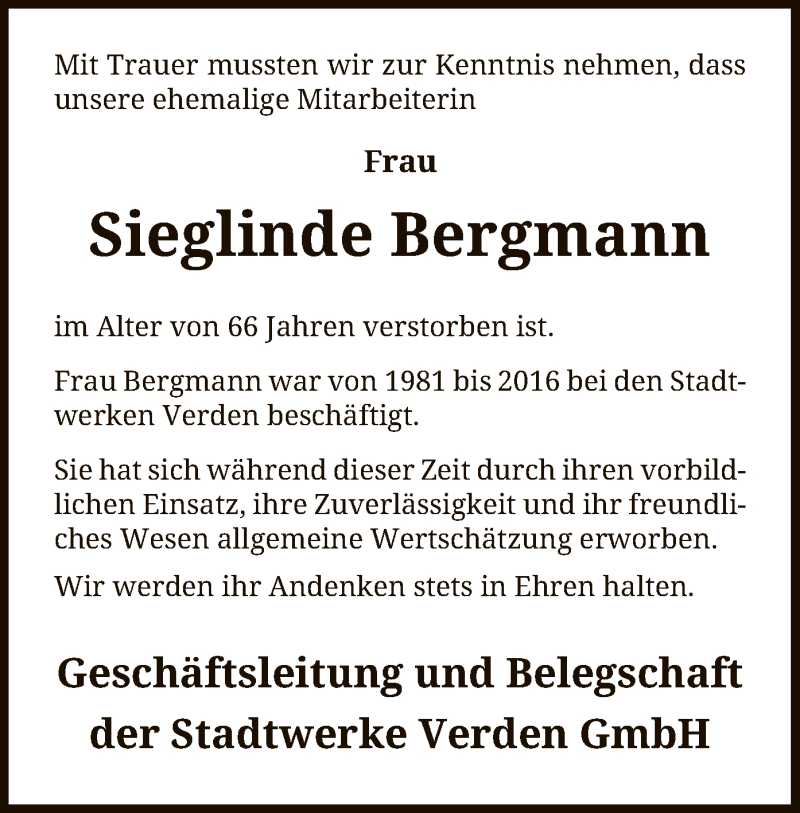  Traueranzeige für Sieglinde Bergmann vom 16.06.2021 aus SYK