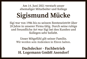 Traueranzeige von Sigismund  Mücke von SYK