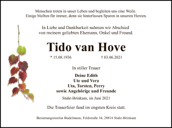 Traueranzeige von Tido van Hove von SYK