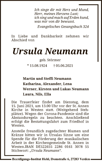 Traueranzeige von Ursula Neumann von SYK