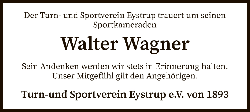  Traueranzeige für Walter Wagner vom 19.06.2021 aus SYK