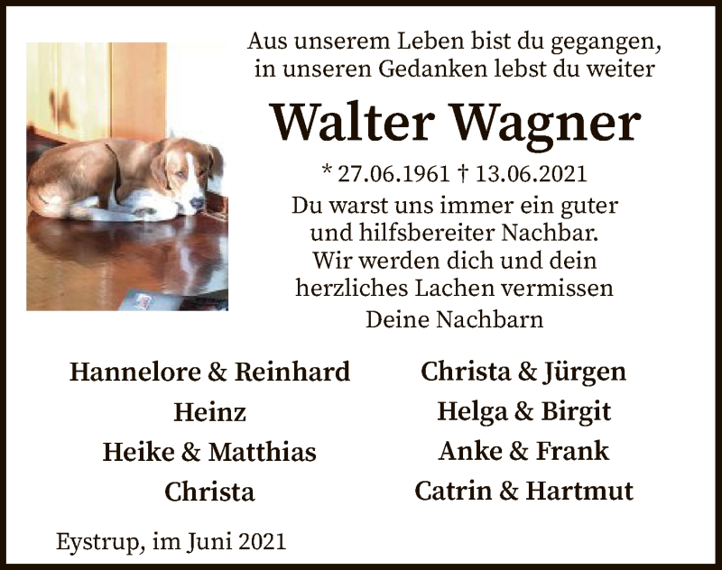  Traueranzeige für Walter Wagner vom 18.06.2021 aus SYK