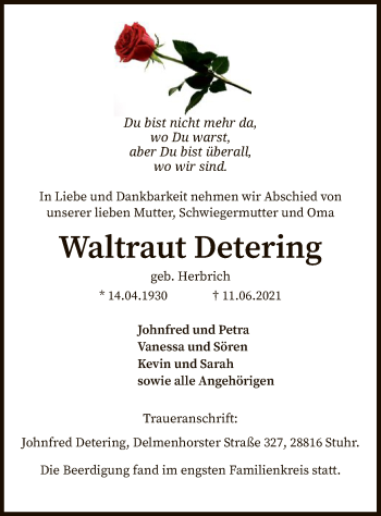 Traueranzeige von Waltraut Detering von SYK