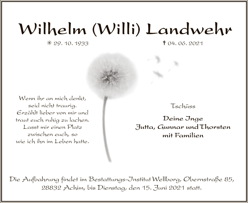  Traueranzeige für Wilhelm Landwehr vom 09.06.2021 aus SYK