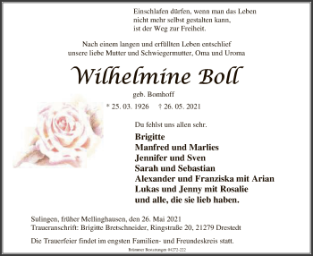 Traueranzeige von Wilhelmine Boll von SYK