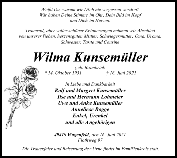 Traueranzeige von Wilma Kunsemüller von SYK