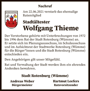 Traueranzeige von Wolfgang Thieme von SYK