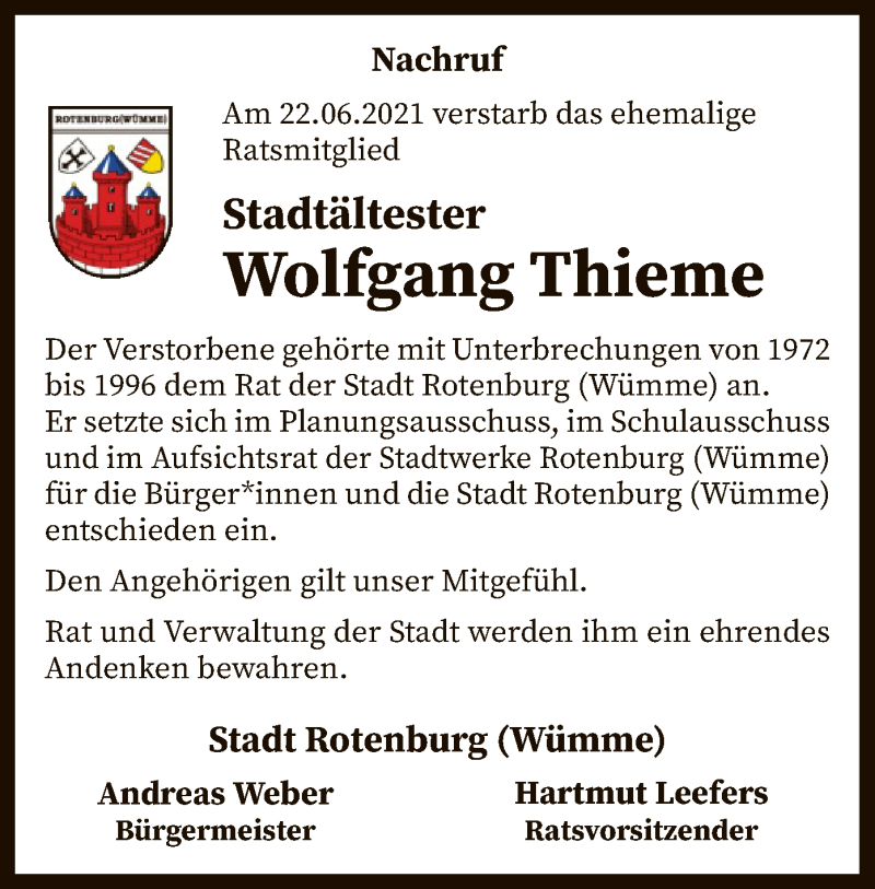  Traueranzeige für Wolfgang Thieme vom 26.06.2021 aus SYK
