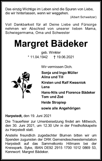 Traueranzeige von Margret Bädeker von SYK