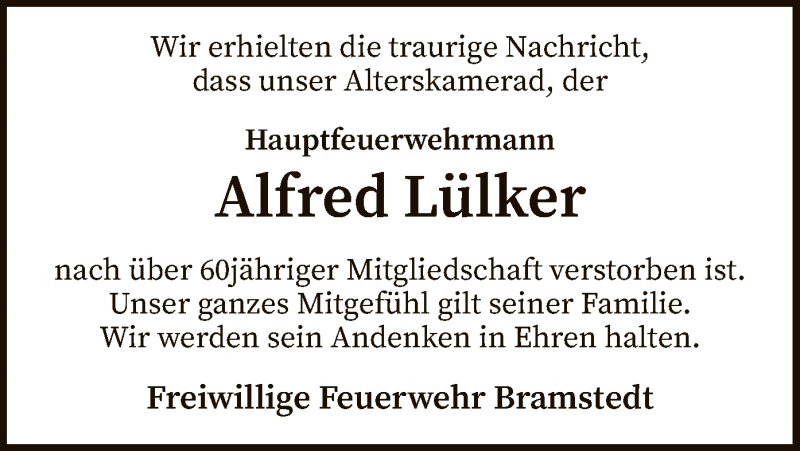  Traueranzeige für Alfred Lülker vom 27.07.2021 aus SYK