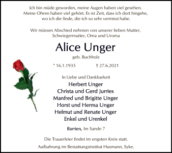 Traueranzeige von Alice Unger von SYK