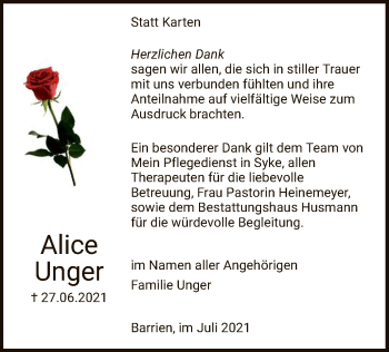 Traueranzeige von Alice Unger von SYK