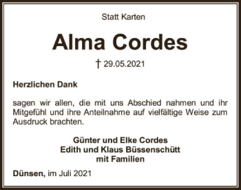 Traueranzeige von Alma Cordes von SYK