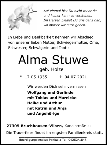 Traueranzeige von Alma Stuwe von SYK