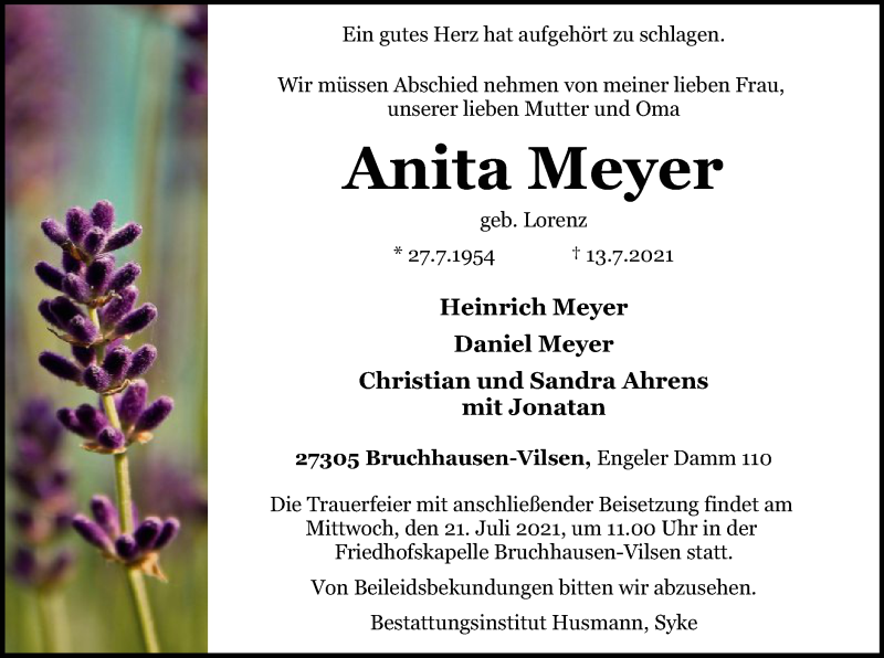  Traueranzeige für Anita Meyer vom 17.07.2021 aus SYK