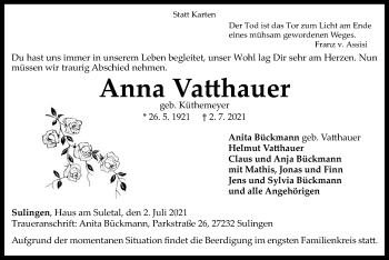 Traueranzeige von Anna Vatthauer von SYK