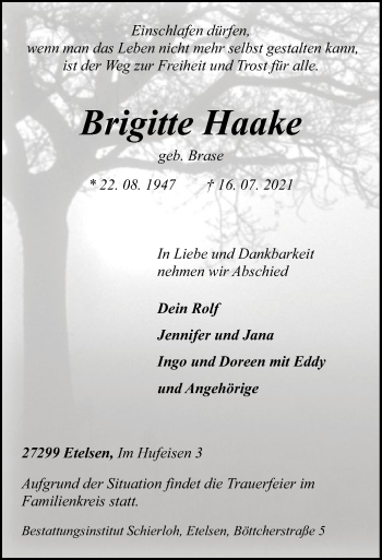 Traueranzeige von Brigitte Haake von SYK