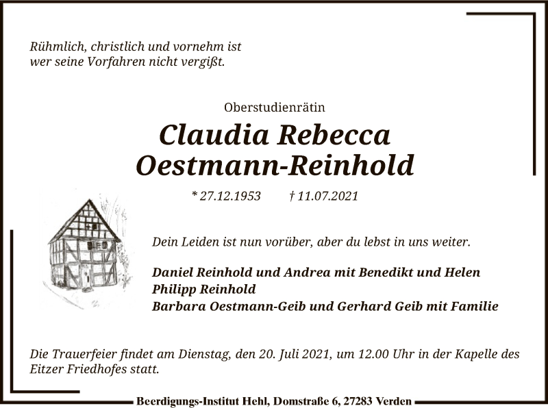  Traueranzeige für Claudia Rebecca Oestmann-Reinhold vom 16.07.2021 aus SYK