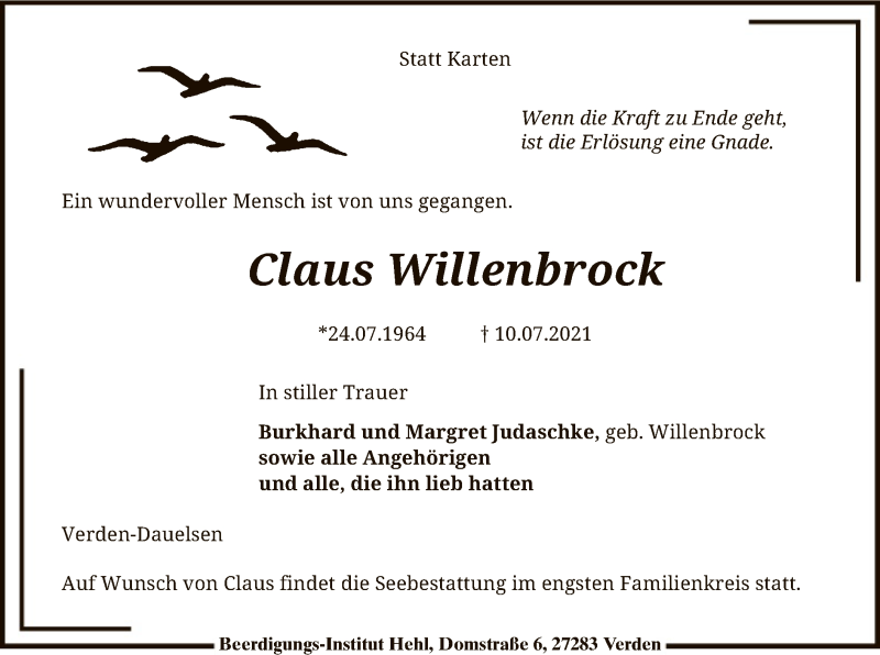 Traueranzeige für Claus Willenbrock vom 14.07.2021 aus SYK