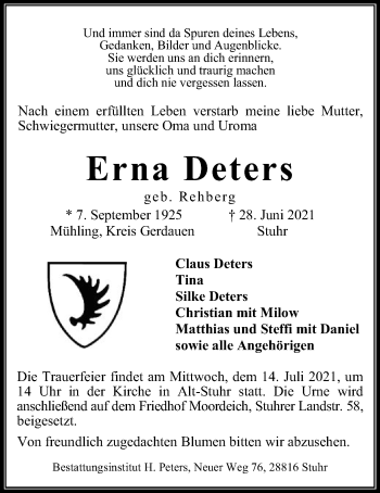 Traueranzeige von Erna Deters von SYK