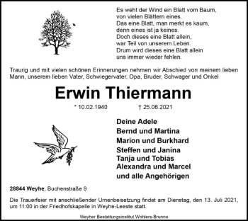 Traueranzeige von Erwin Thiermann von SYK