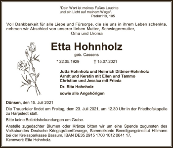 Traueranzeige von Etta Hohnholz von SYK