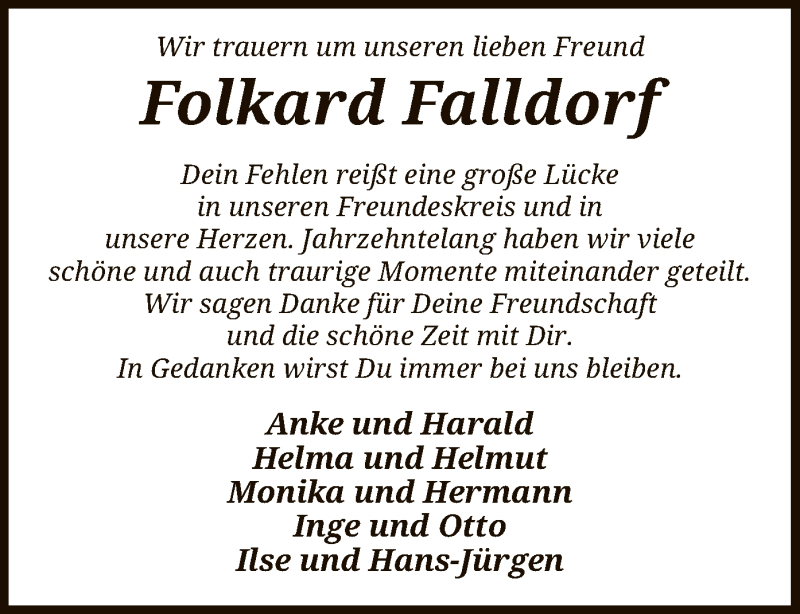  Traueranzeige für Folkard Falldorf vom 24.07.2021 aus SYK