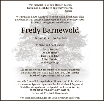 Traueranzeige von Fredy Barnewold von SYK