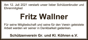 Traueranzeige von Fritz Wallner von SYK