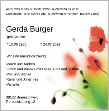 Traueranzeige von Gerda Burger von SYK