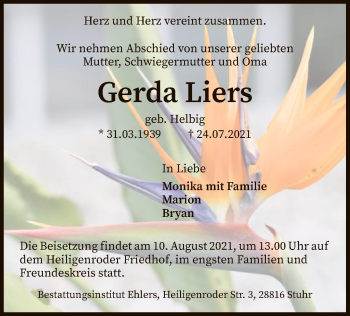 Traueranzeige von Gerda Liers von SYK