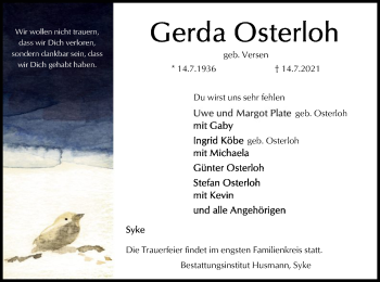 Traueranzeige von Gerda Osterloh