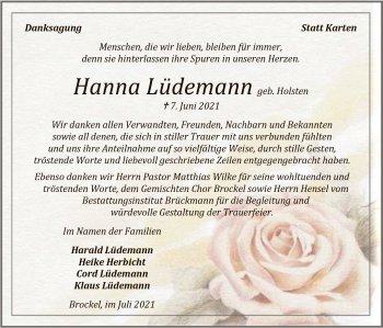 Traueranzeige von Hanna Lüdemann von SYK