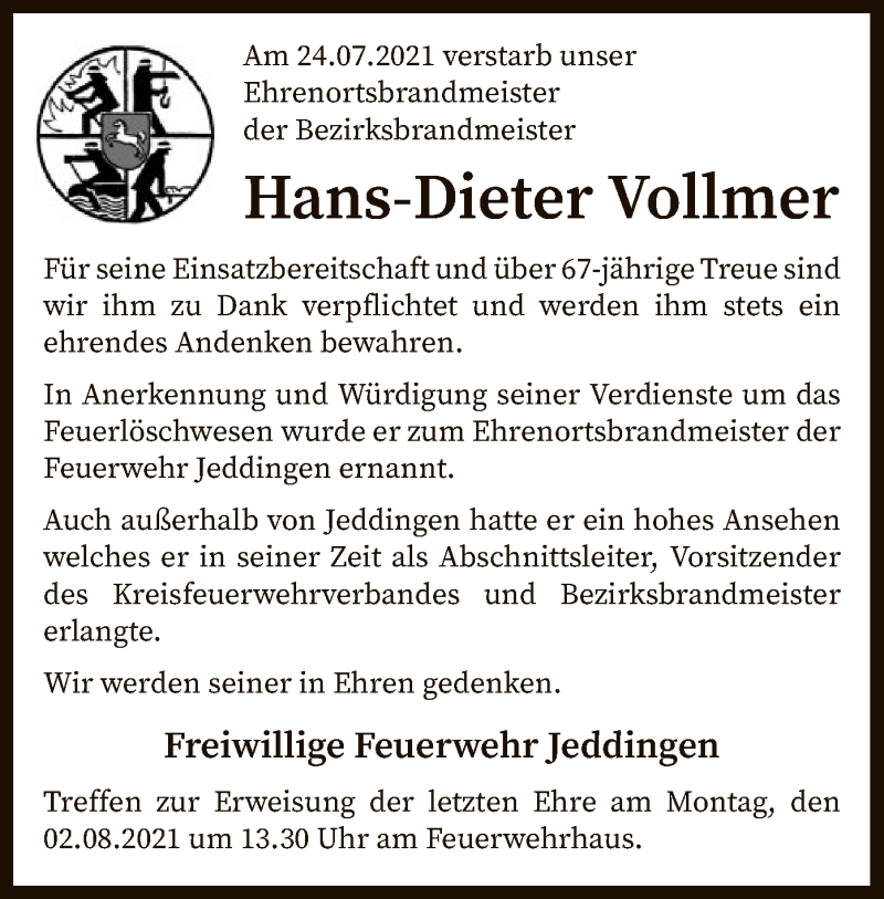  Traueranzeige für Hans-Dieter Vollmer vom 30.07.2021 aus SYK