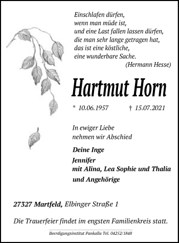 Traueranzeige von Hartmut Horn von SYK