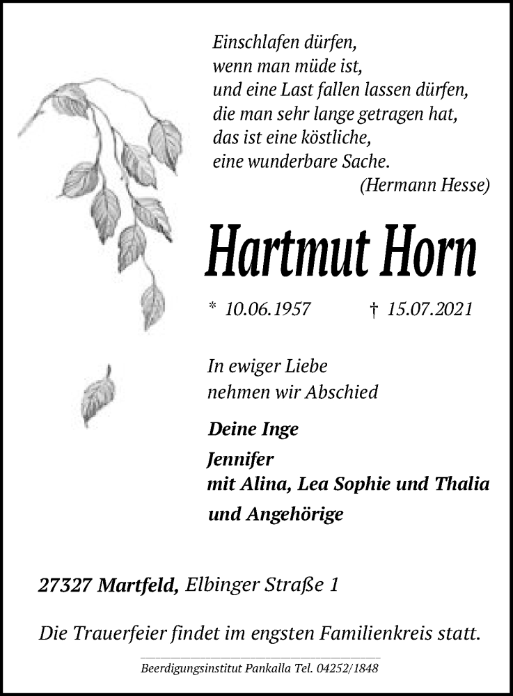  Traueranzeige für Hartmut Horn vom 20.07.2021 aus SYK