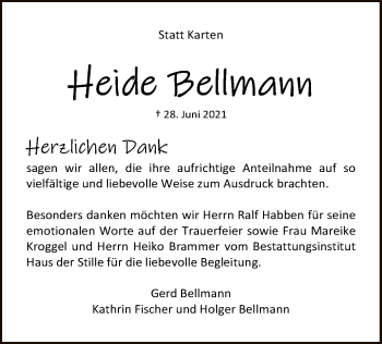 Traueranzeige von Heide Bellmann von SYK