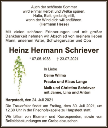 Traueranzeige von Heinz Hermann Schriever von SYK