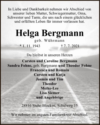 Traueranzeige von Helga Bergmann von SYK