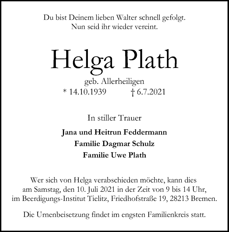  Traueranzeige für Helga Plath vom 09.07.2021 aus SYK