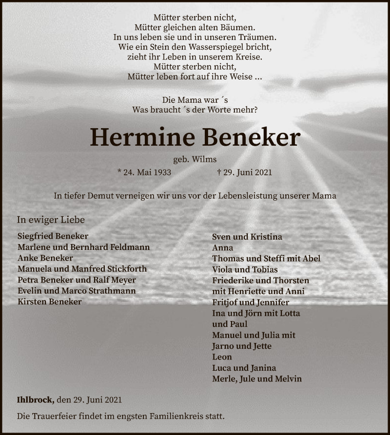  Traueranzeige für Hermine Beneker vom 03.07.2021 aus SYK