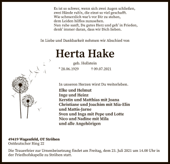 Traueranzeige von Herta Hake von SYK