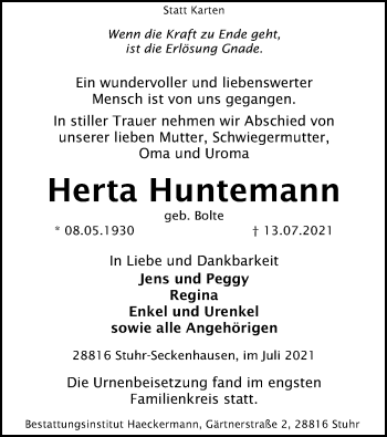 Traueranzeige von Herta Huntemann von SYK