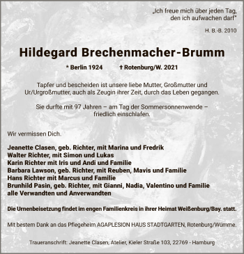 Traueranzeige von Hildegard Brechenmacher-Brumm von SYK