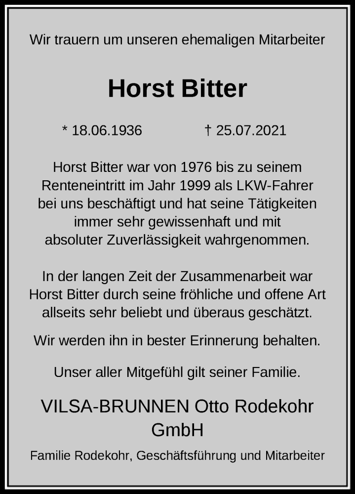  Traueranzeige für Horst Bitter vom 29.07.2021 aus SYK