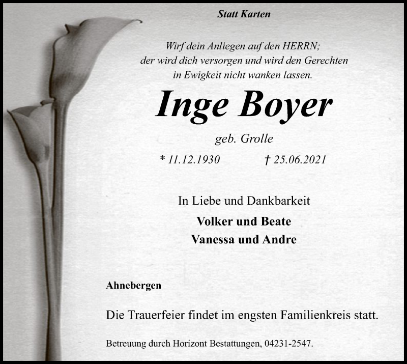  Traueranzeige für Inge Boyer vom 03.07.2021 aus SYK