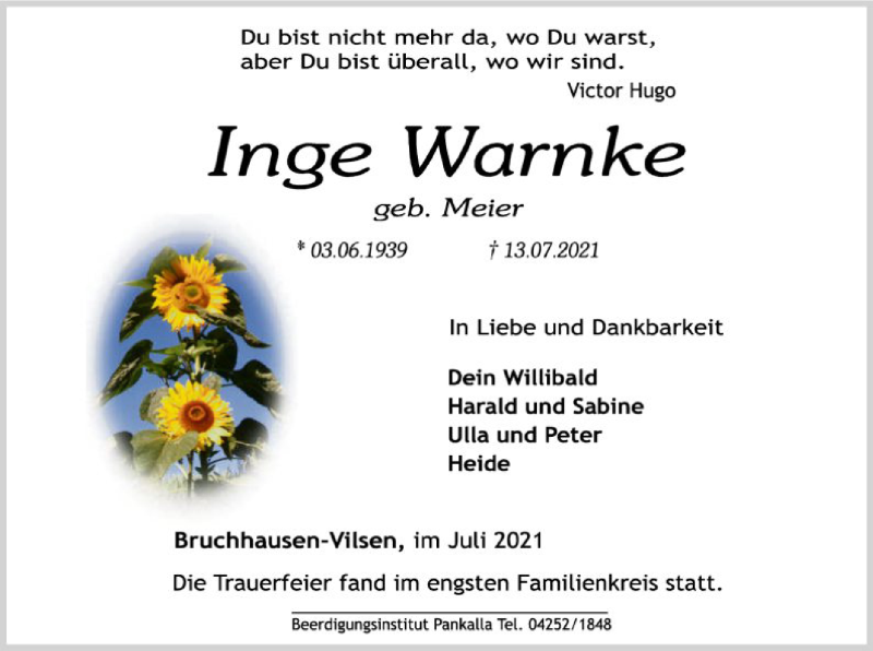  Traueranzeige für Inge Warnke vom 21.07.2021 aus SYK